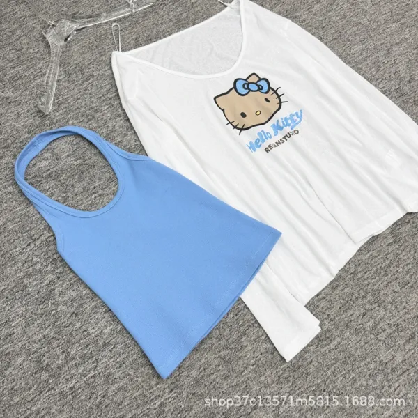 Hello Kitty x REYANSTUDIO Graphic Long Sleeve Cami Top Set in White and Blue - 7