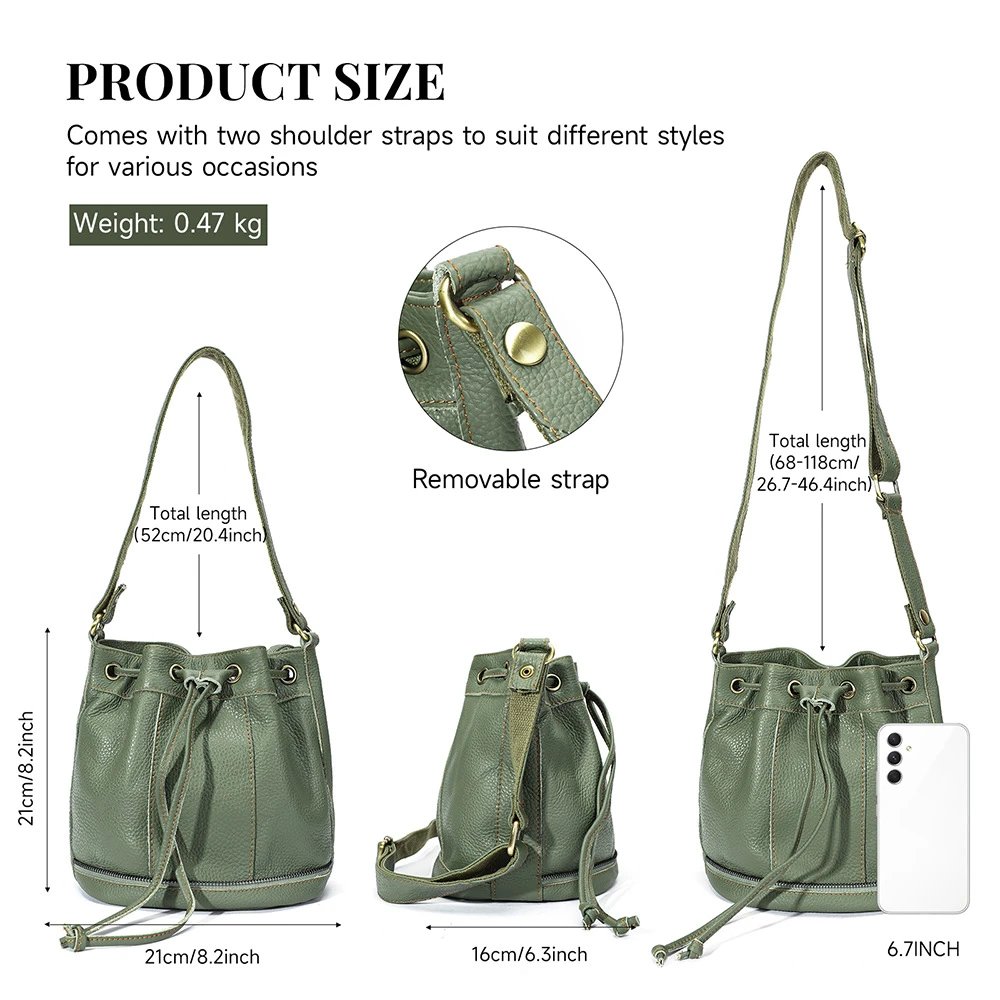 Genuine Leather Olive Green Drawstring Bucket Bag