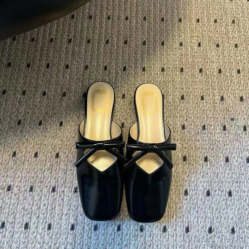 Black Bow-Embellished Square-Toe Mules Slippers