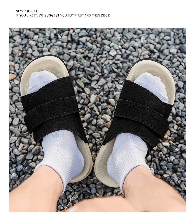 Design Two-Strap Slide Sandals Beige and Black Slippers - 18