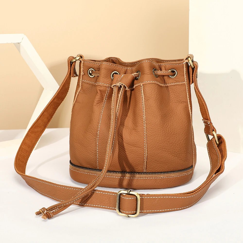 Design Bucket Bag Tan Leather Drawstring Crossbody Bag Handbags.bucket Bag