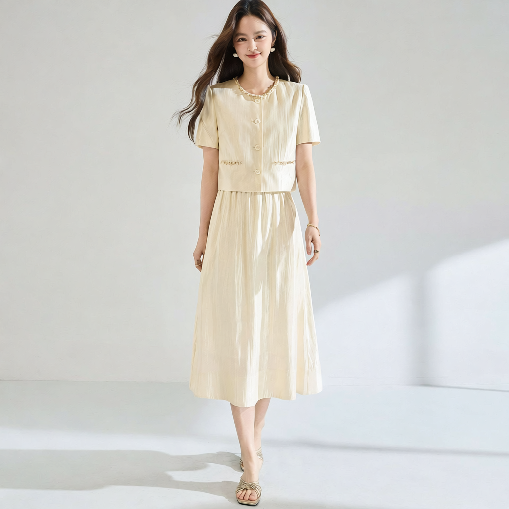 Cream Linen Blend Short Sleeve Blazer and Midi Skirt Set Elegant Two Piece Outfit