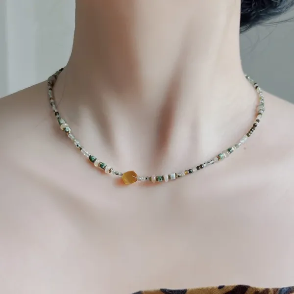 Design Beaded Gemstone Necklace with Amber Center Stone Jewelry - 13