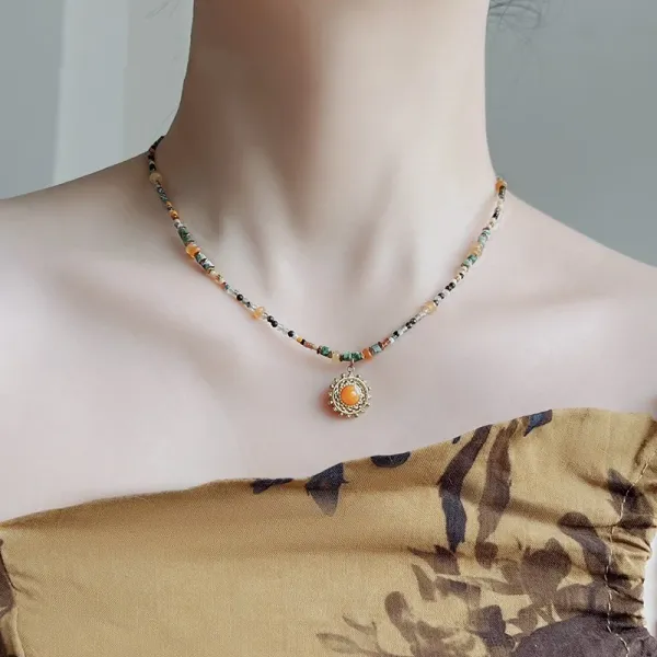 Design Beaded Gemstone Necklace with Amber Center Stone Jewelry - 14