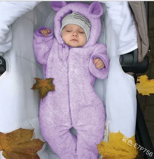 Design Purple Bear-Eared Fleece Romper with Beanie Hat Set Sleepwear - 6