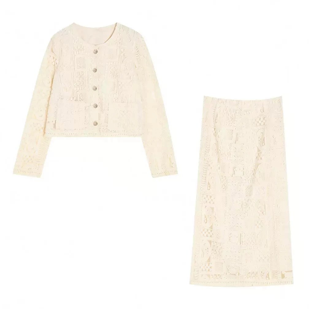 Cream Lace Cropped Jacket And Midi Skirt Set Elegant Two Piece Outfit