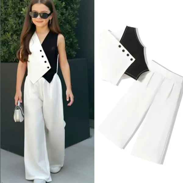 Design Two-Tone Button-Trim Top and Wide-Leg Pants Set White / Black - 4