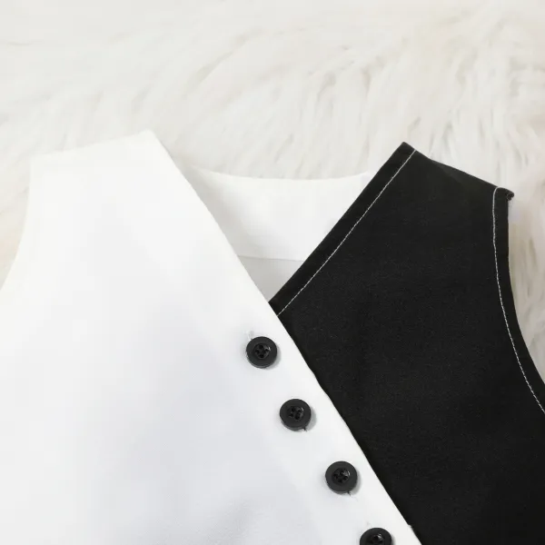 Design Two-Tone Button-Trim Top and Wide-Leg Pants Set White / Black - 8