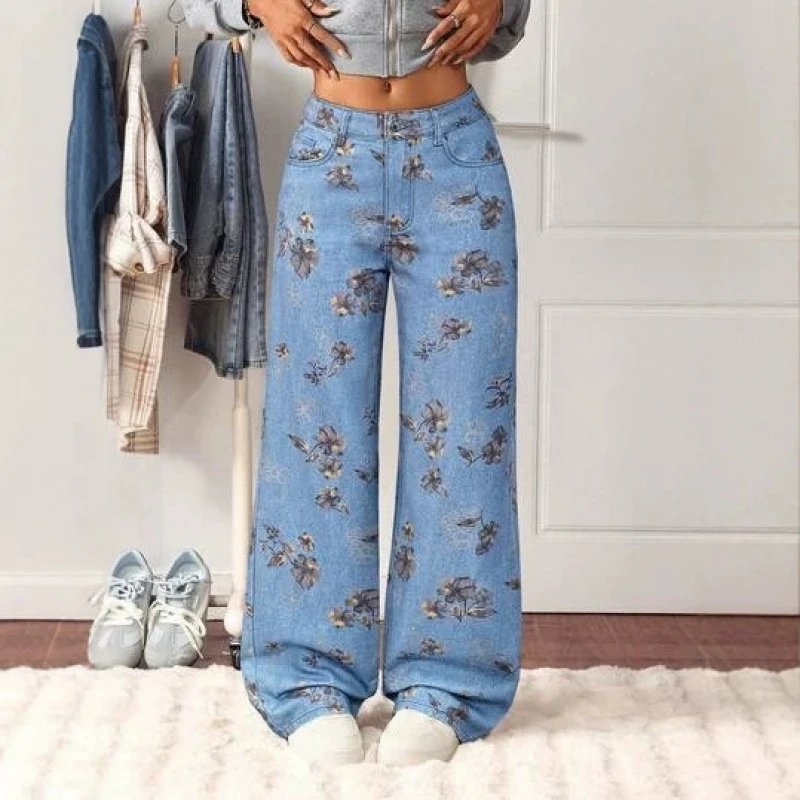Cross-Border Shein Bestseller Spring Autumn Maple Leaf Print Wide-Leg Denim-Like Jeans High-Waist Loose Streetwear Trousers