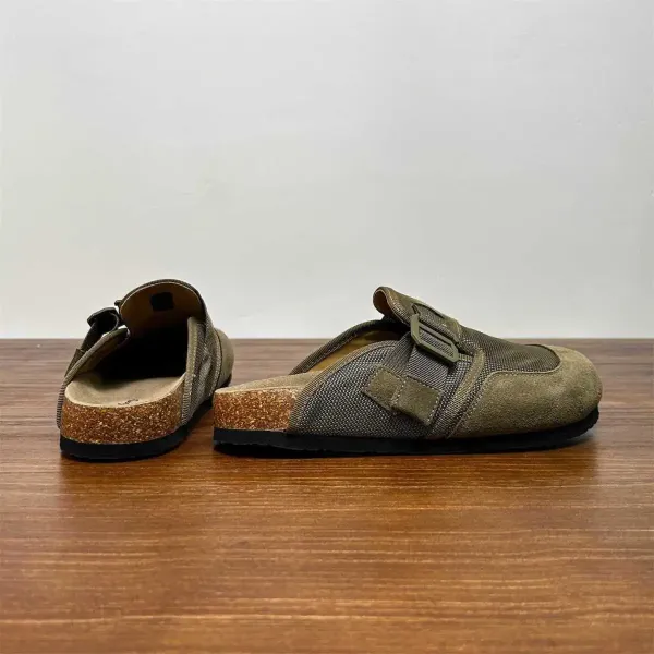 Design Buckle Strap Mule in Army Green Mesh and Suede Slippers - 11
