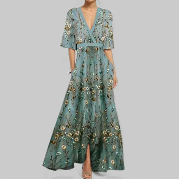 Design Floral Print V-Neck Wrap Maxi Dress in Light Blue and Red - 46