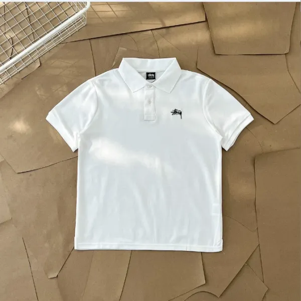 Stussy Classic Logo Polo Shirt in White, Gray, Black, and Navy - 6