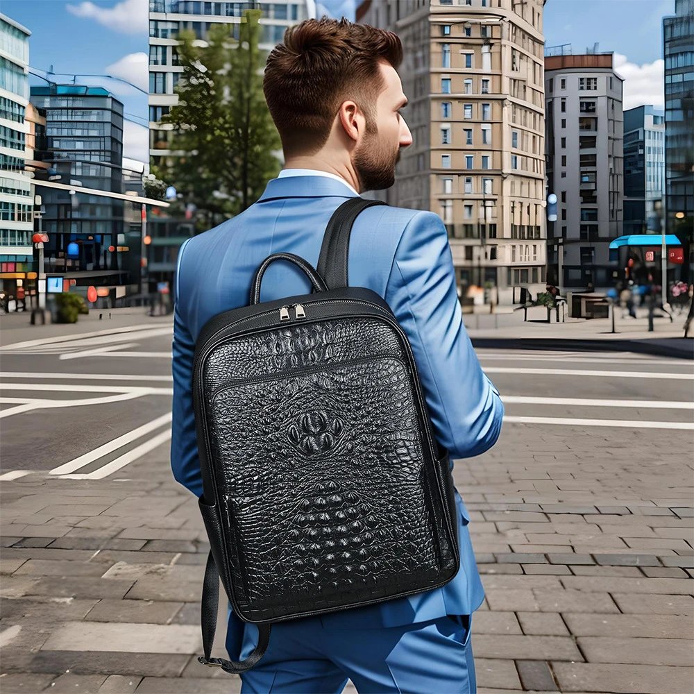 Crocodile Texture Black Leather Business Backpack