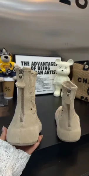 Design Perforated Suede Ankle Boots Beige Boots - 6