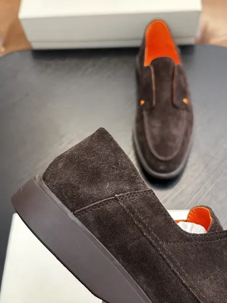 Design Santoni Loafer Slip-On Olive Green Suede with Orange Sole Casual Shoes Loafers - 41