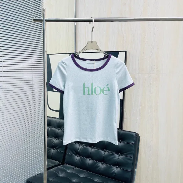 Chloé Logo Ringer T-Shirt Light Gray with Purple Trim - 1