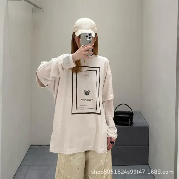Design Graphic Print Oversized Beige T-Shirt - 2