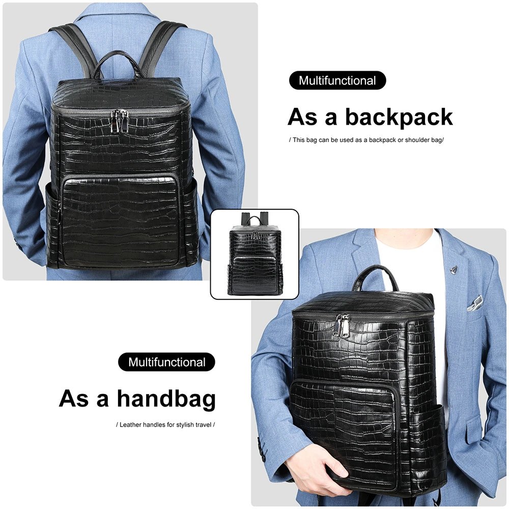 Crocodile Texture Black Leather Business Backpack