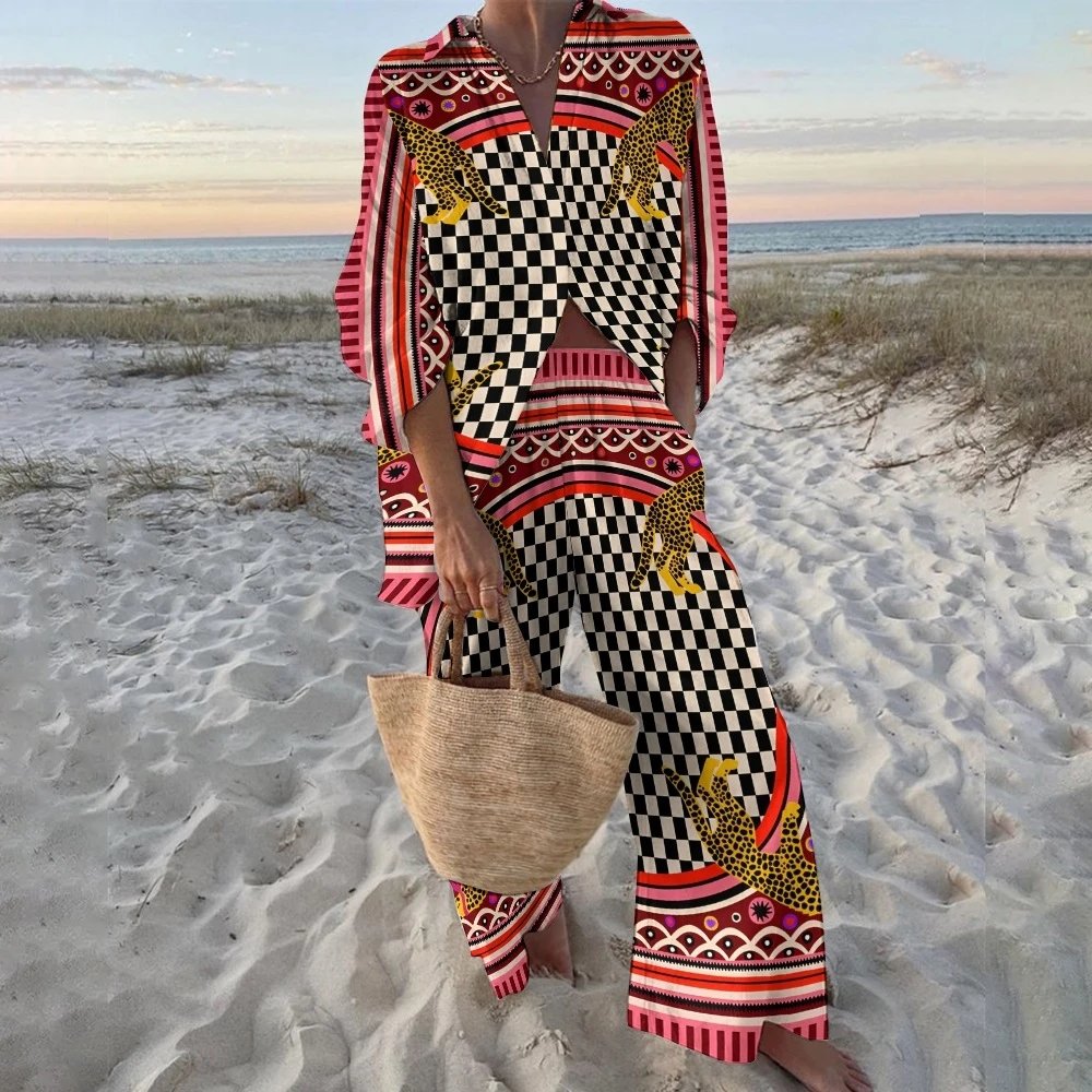 Design Printed Bird Motif Shirt with Colorblock Cuff Pants and Straw Bucket Bag Clothing - 8