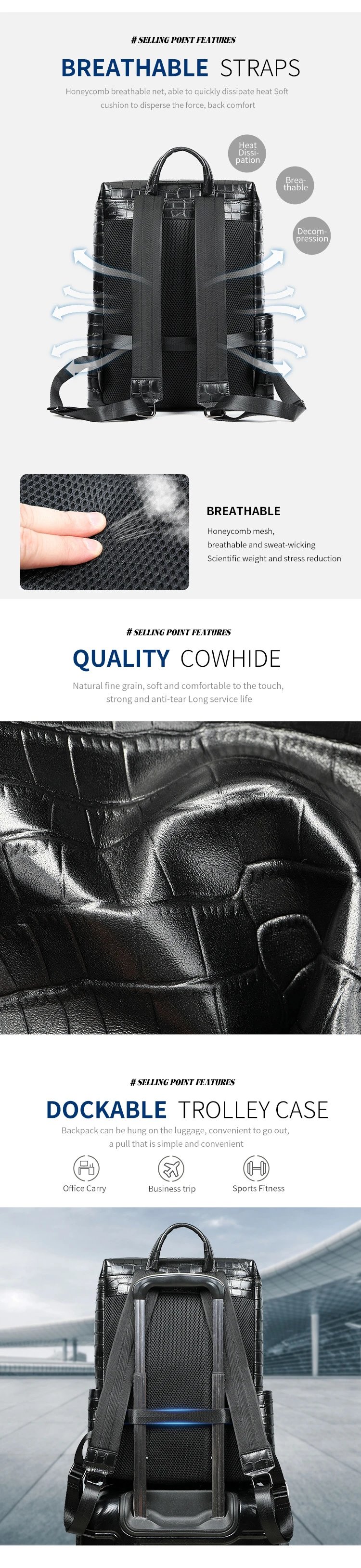 Design Crocodile-Embossed Leather Backpack Black - 4