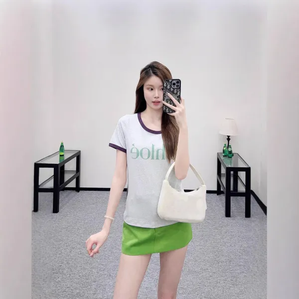 Chloé Logo Ringer T-Shirt Light Gray with Purple Trim - 5