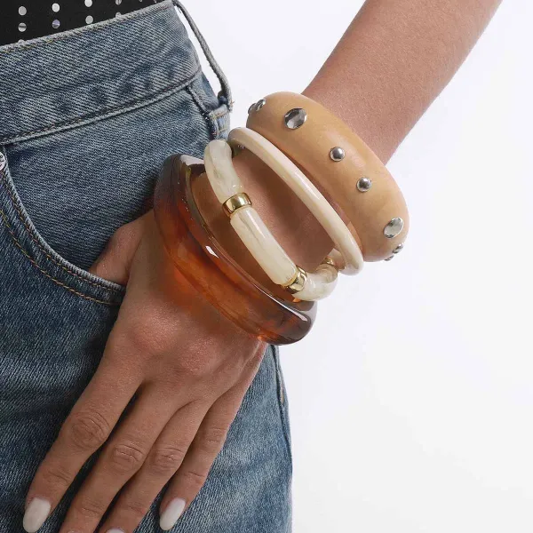 Design Studded Two-Tone Cuff Bracelet Gold Silver Jewelry - 7