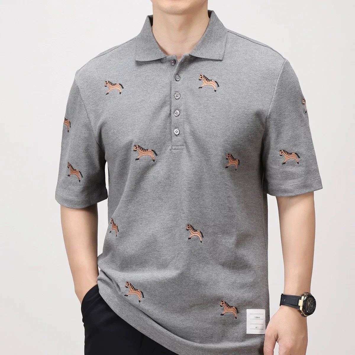 Thom Browne Horse-Embroidered Gray Piqué Polo Polo Shirt - 3