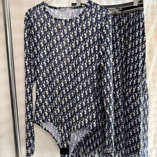 Dior Oblique Print Sheer Bodysuit and Skirt Set Navy Multicolor - 2