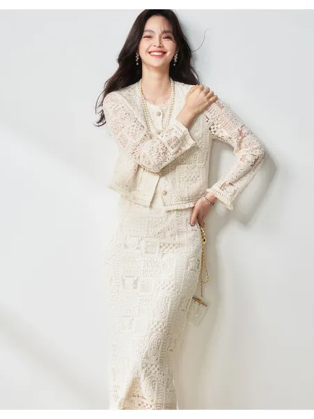 Design Lace Cropped Cardigan Beige Outerwear - 12