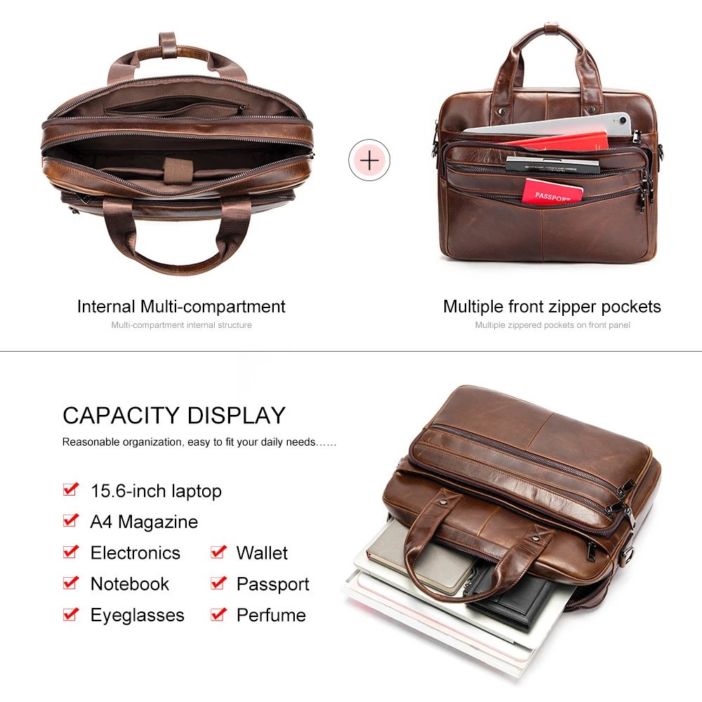 Brown Leather Business Briefcase with Multiple Zippers and Detachable Strap