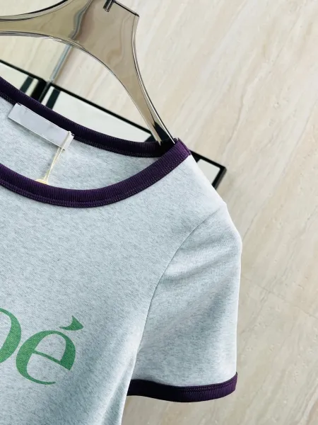 Chloé Logo Ringer T-Shirt Light Gray with Purple Trim - 10