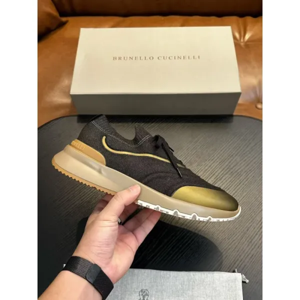 Design Brunello Cucinelli Denim Sneaker with Gold Accents Black Beige Sneakers - 1