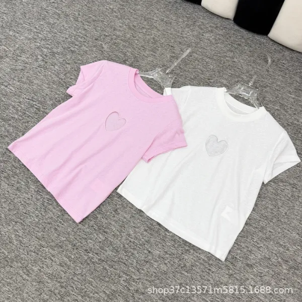 Design Heart Embroidery White T-Shirt Tops.t Shirts - 4