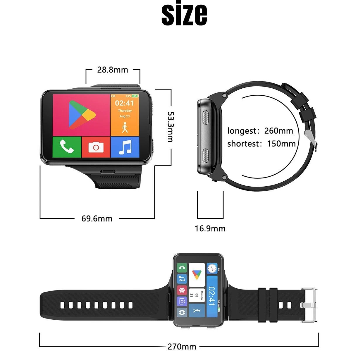 Smart Watch Black Rectangular Touchscreen Smartwatch