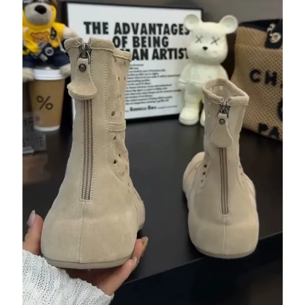 Design Perforated Suede Ankle Boots Beige Boots - 13