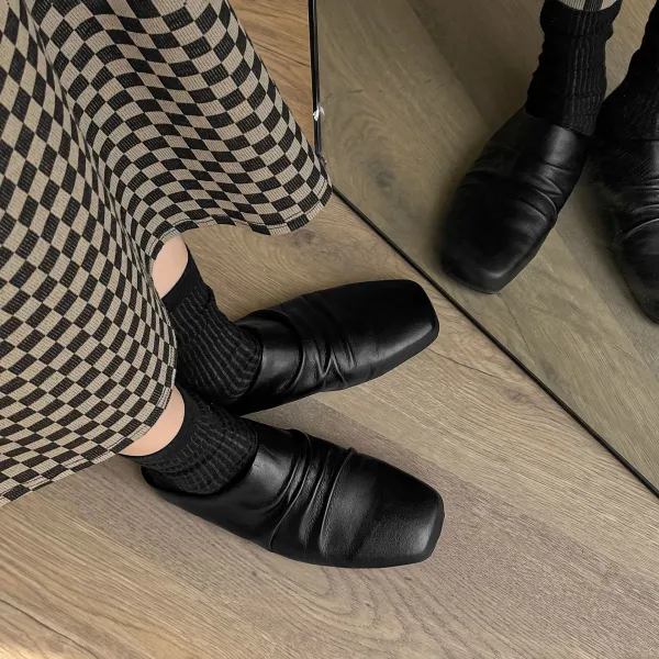 Design Square-Toe Loafers Black Leather Shoes - 1