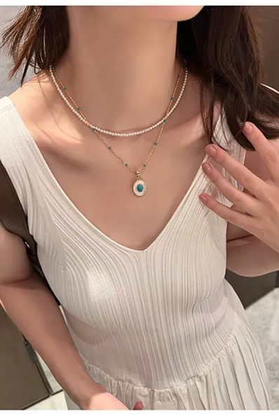 Design Pearl Necklace with Turquoise and Mother-of-Pearl Pendant Gold-Tone Jewelry - 13