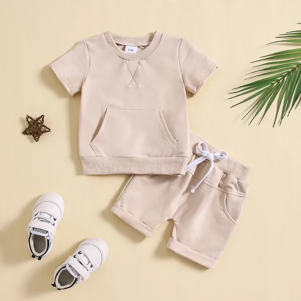 Design Beige Pocket Front Top and Drawstring Shorts Set - 33