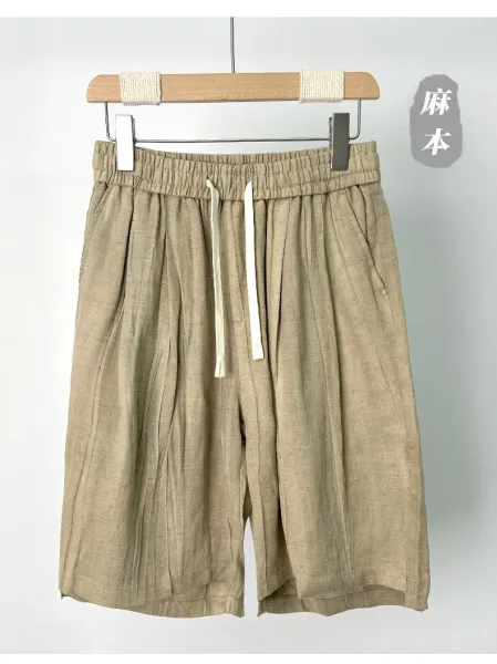 Design Linen Drawstring Shorts Beige Shorts - 10