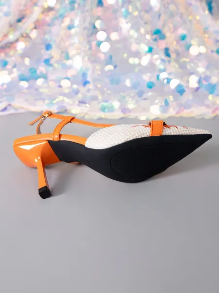 Design Woven Pointed-Toe Slingback Heels with Orange Embroidery and Gold Buckle - 9