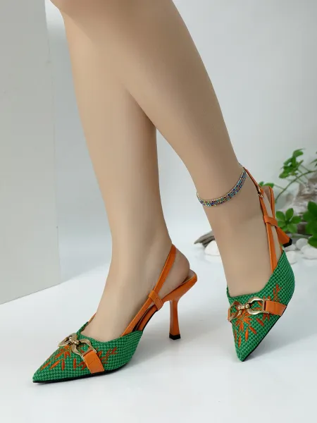 Design Woven Pointed-Toe Slingback Heels with Orange Embroidery and Gold Buckle - 14