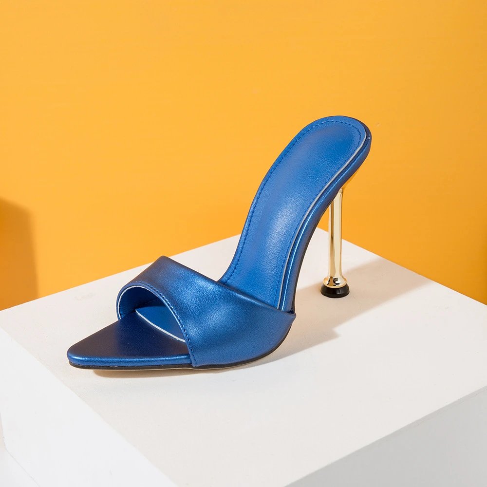Design Metallic Blue Open-Toe Mule Heels - 20