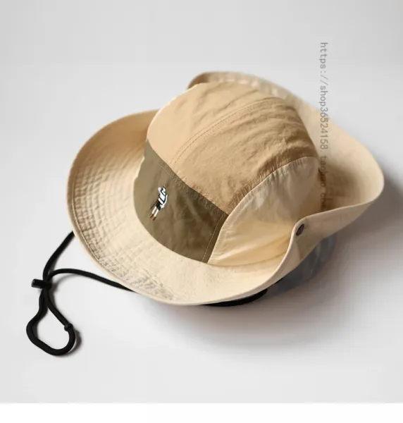 Design Wide-Brim Sun Hat Beige Olive Patchwork Bucket Hat - 1