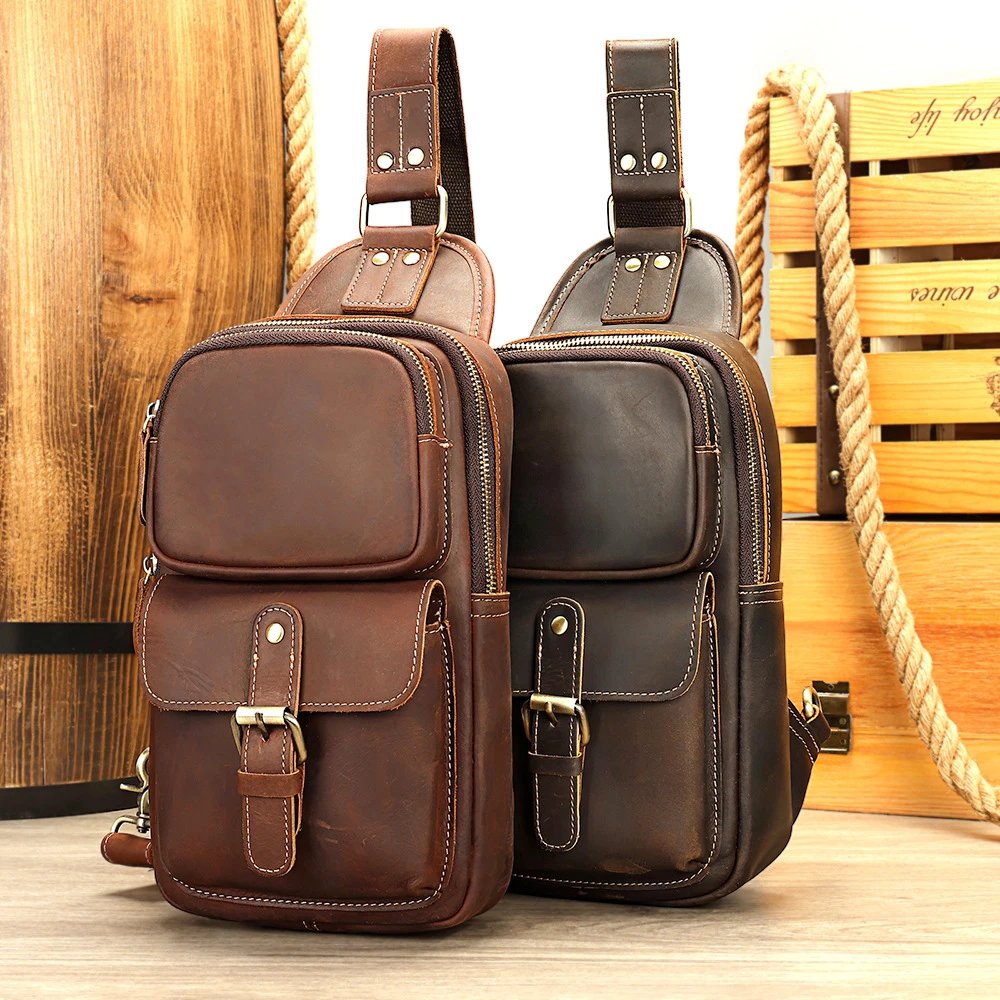 Vintage Distressed Crazy Horse Leather Mens Chest Bag Multi-functional Crossbody Sling Bag