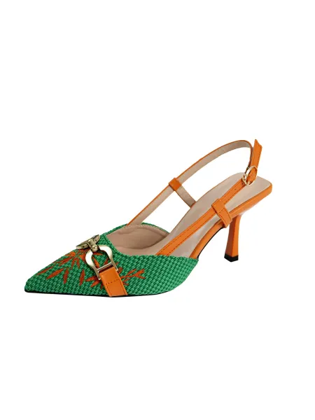 Design Woven Pointed-Toe Slingback Heels with Orange Embroidery and Gold Buckle - 17