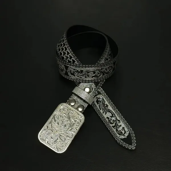 Design Ornate Silver-Embossed Black Leather Belt with Floral Filigree Buckle Belts - 7