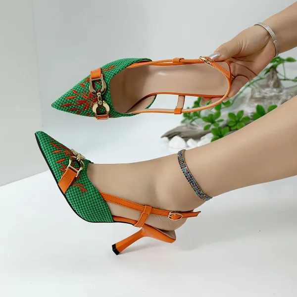 Design Woven Pointed-Toe Slingback Heels with Orange Embroidery and Gold Buckle - 19