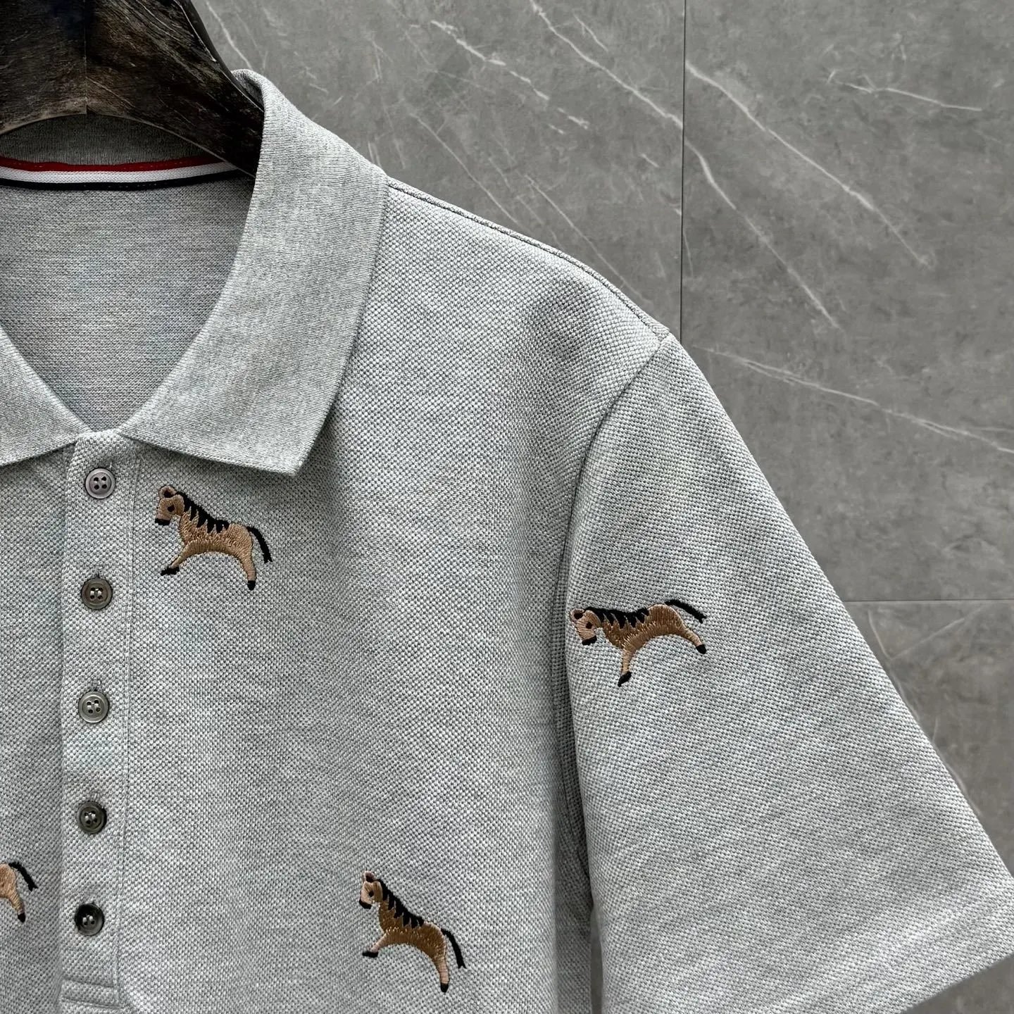 Thom Browne Horse-Embroidered Gray Piqué Polo Polo Shirt - 25