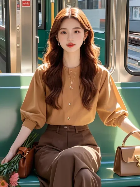 Design Button-Up Blouse in Camel with Puffed Sleeves and High-Waisted Brown Trousers Shirt - 6