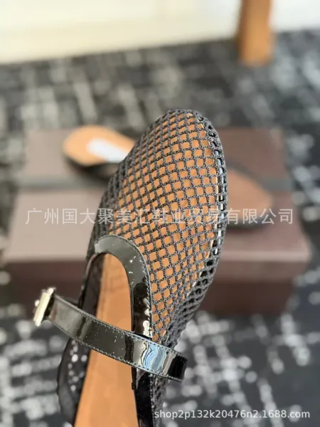 Design Mesh Mule with Patent Strap Black Shoes Slippers - 18